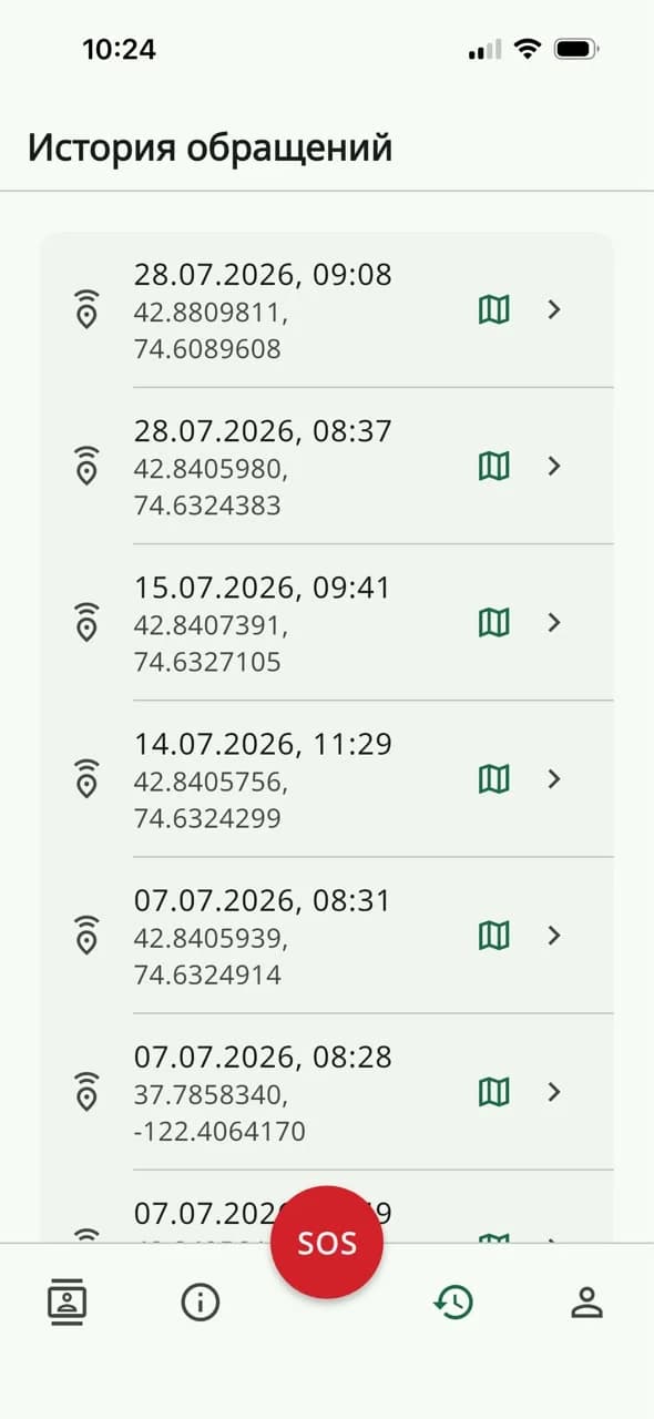 Case history with date, time and coordinates