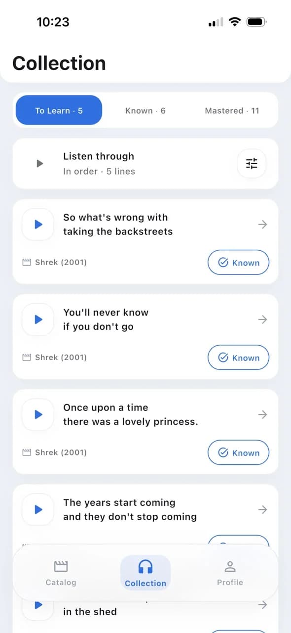 The line collection with To Learn, Known and Mastered statuses