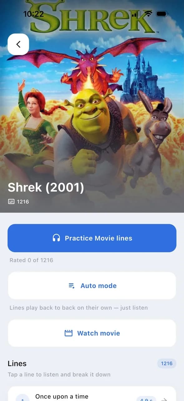 The Shrek (2001) film page with practice modes