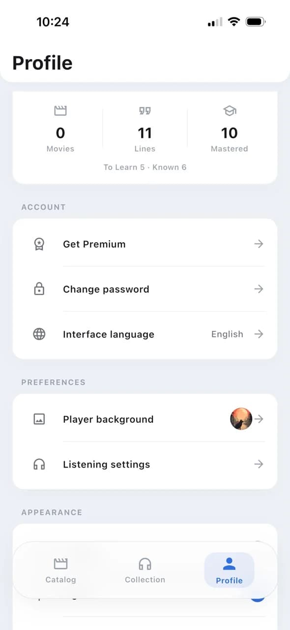 The profile with progress, Premium and listening settings