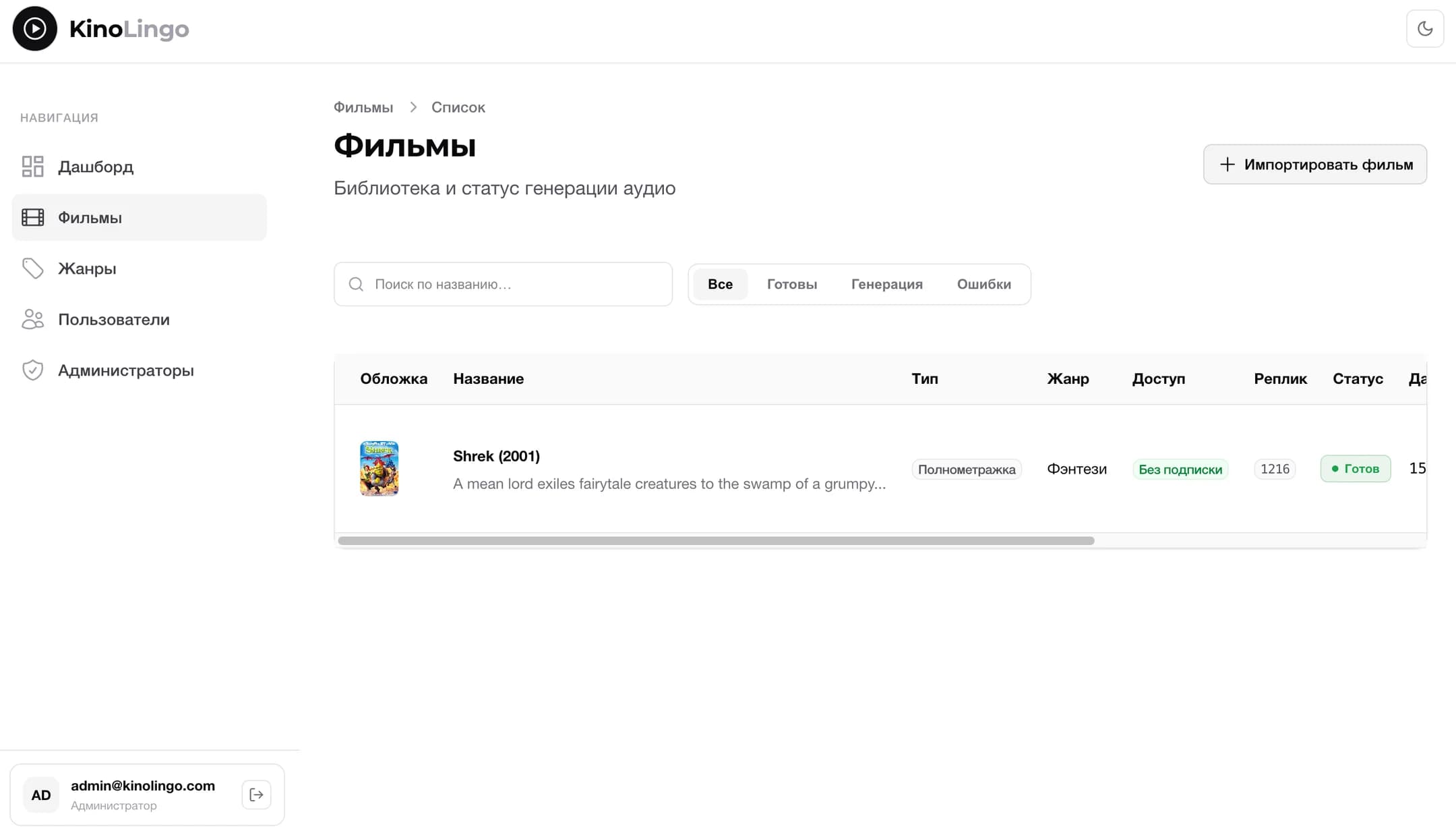 The film library with audio generation statuses